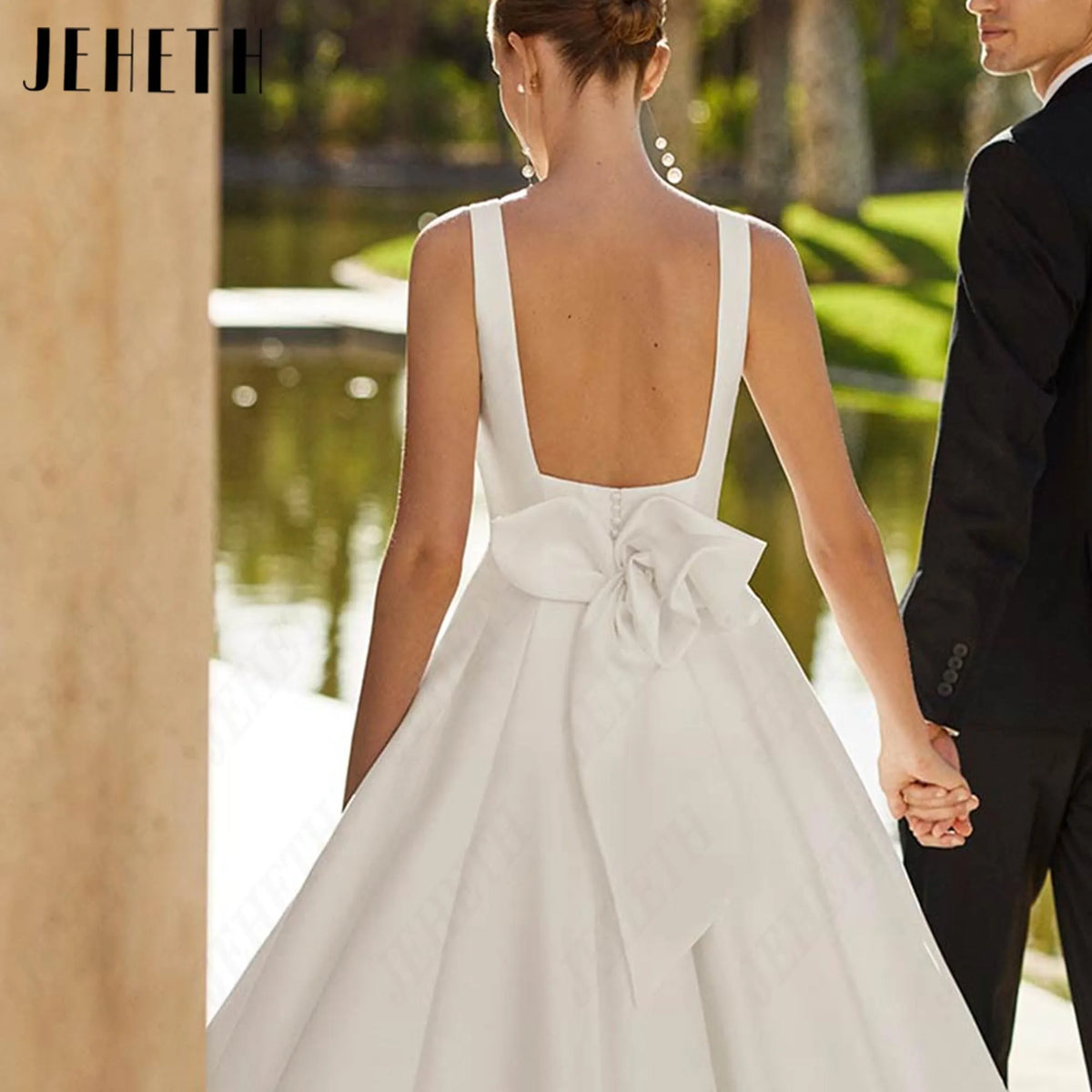 JEHETH Simple A Line Wedding Dresses 2026 New Scoop Neck Backless Bridal Gown For Women Court Train Customized Bride Dress