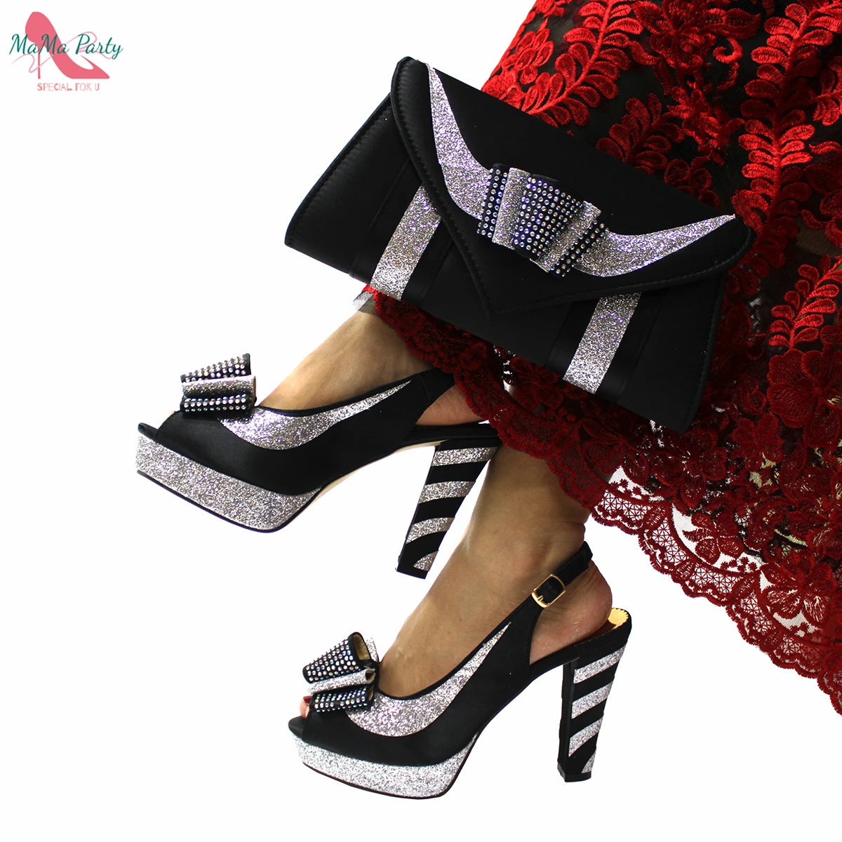 2021 Specials Design Black Color Nigerian Women Shoes and Bag Set High Quality Slingback Sandals with Appliques for Wedding