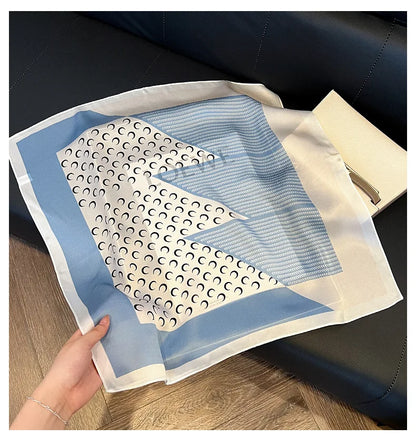 100% Natural Mulberry Silk Square Scarf 53x53cm Blue White Moon Print Women Neck Scarf Headband Bag Scarf Elegant Gift