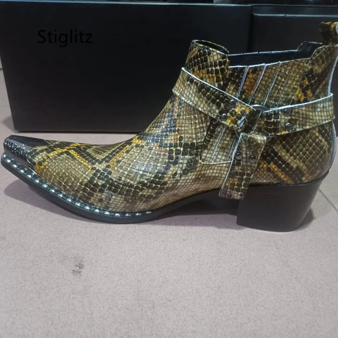Buckle Strap Snakeskin Ankle Boots for Men High Heels Slip On Genuine Leather Work Boots Metal Decor Chelsea Boots Men's Shoes
