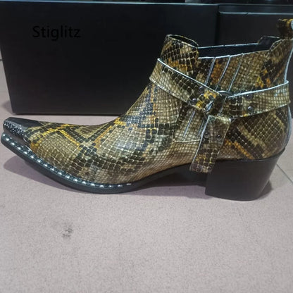 Buckle Strap Snakeskin Ankle Boots for Men High Heels Slip On Genuine Leather Work Boots Metal Decor Chelsea Boots Men's Shoes