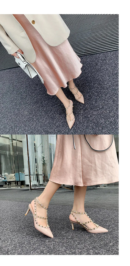 Women's Gladiator sandals Summer 2026 Luxury With Ankle Strap Pointed Toe Fashion Rivet High Heels Party Ladies Shoes Women 10cm