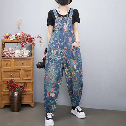 Casual Streetwear Print Floral Denim Jumpsuit Woman Loose Baggy Wide Leg Pants Rompers Big Size Pockets Straps Jeans Overalls