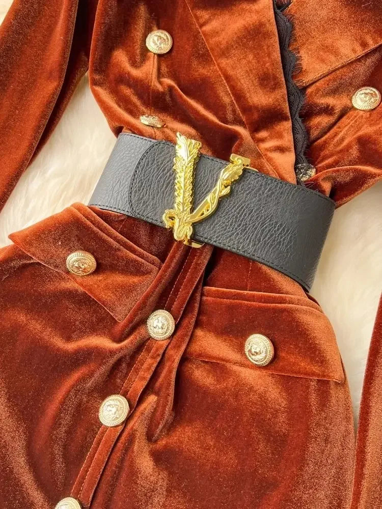 Autumn Winter Luxury Velvet Dress Women Clothing Notched Lion Metal Buttons Split Letter Belt Thick Velour Long Party Vestidos