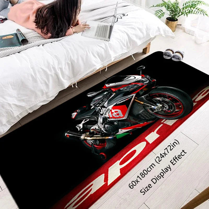 VIKAMA Motorcycle Racing Rug - Non-Slip Floor Mat for Entrance, Anti-Skid Bedside Carpet with Bike Print Home Decor