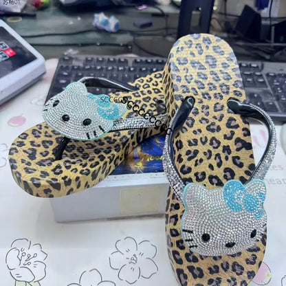 Hello Kitty Rhinestone Flip Flops Leopard Print Y2K Women Bling Non-Slip Summer Beach Casual Thong Sandals Actual Photos