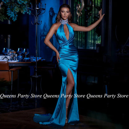 Sexy Sky Blue Evening Dress Open Back Halter Sleeveless Rhinestones High Slit Sweep Train Party Gown Mermaid Prom Dresses