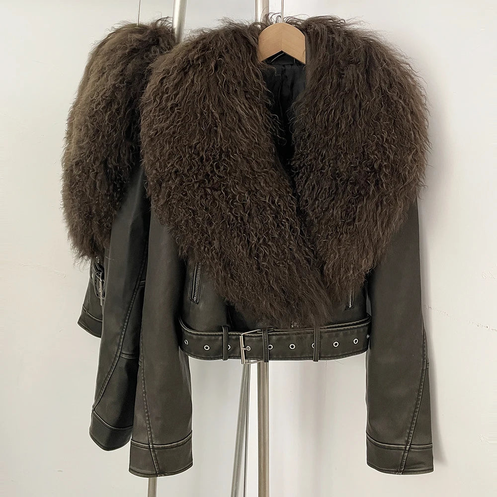 Luxury Natural Mongolian Sheep Fur Coat Women Winter Short Faux Leather Jacket Female Moto Biker Outwear New Coats and Jackets