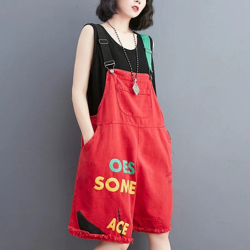Large Size Letter Printed Jeans Jumpsuit Women New Summer Korean Loose Casual Rompers Wide Leg Denim Short Pants Overalls Pants