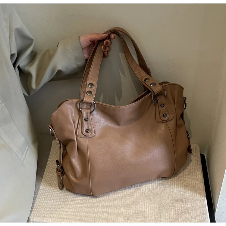 Ladies Large Capacity Brand Handbag Pu Leather Women's Retro Tote Bag Korean Fashion Shoulder Bag Winter White Zipper Handbag