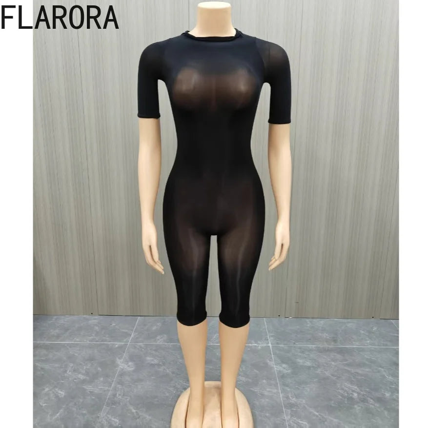 FLARORA Sexy Mesh See Through Rompers Woman Trend O Neck Short Sleeve Skinny Peach Hip Playsuits Stretch Midnight Party Clubwear