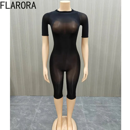 FLARORA Sexy Mesh See Through Rompers Woman Trend O Neck Short Sleeve Skinny Peach Hip Playsuits Stretch Midnight Party Clubwear