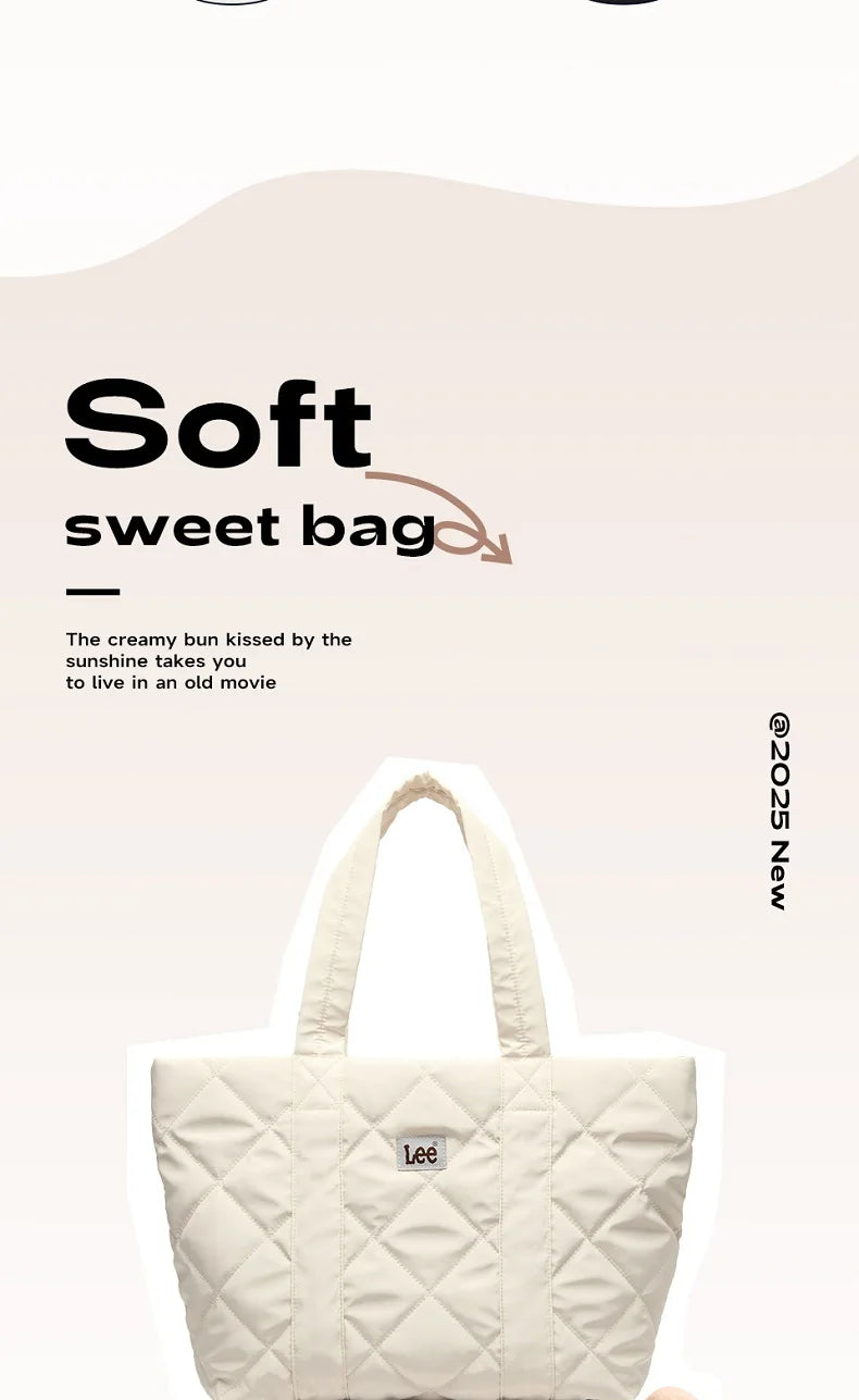 LEE Large Soft Puffer Bag Women Big Size College Students Laptop Book Quilted Tote Bag Lady Down-filled Shopping School Bags