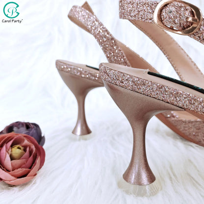 Nigerian Banquet Shoes and Bags African Fashion Peach Ladies Matching Shoes and Bags Pointed Toe High Heels Wedding Party