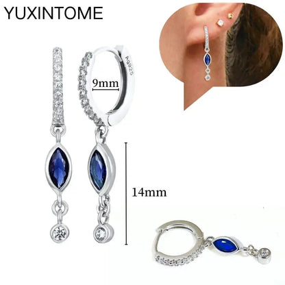 925 Sterling Silver Needle Dark Blue Crystal Silver Earrings Women's Exquisite Heart Blue Pendant Hoop Earrings Luxury Jewelry