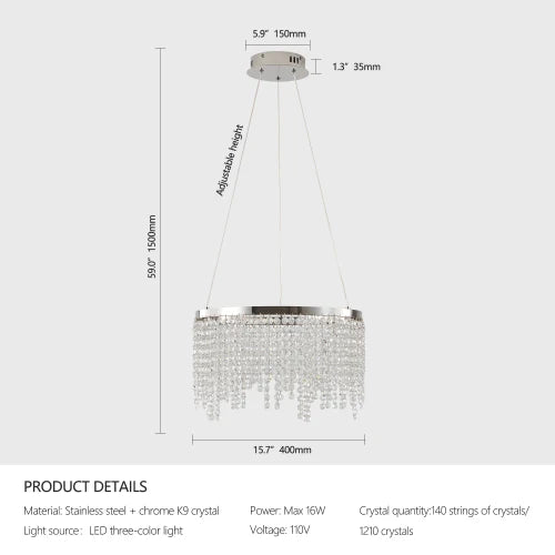 16-inch Luxury Crystal LED Chandelier - Adjustable Height and Color Temperature (3000K-6000K) -Modern Chandelier for Living Room
