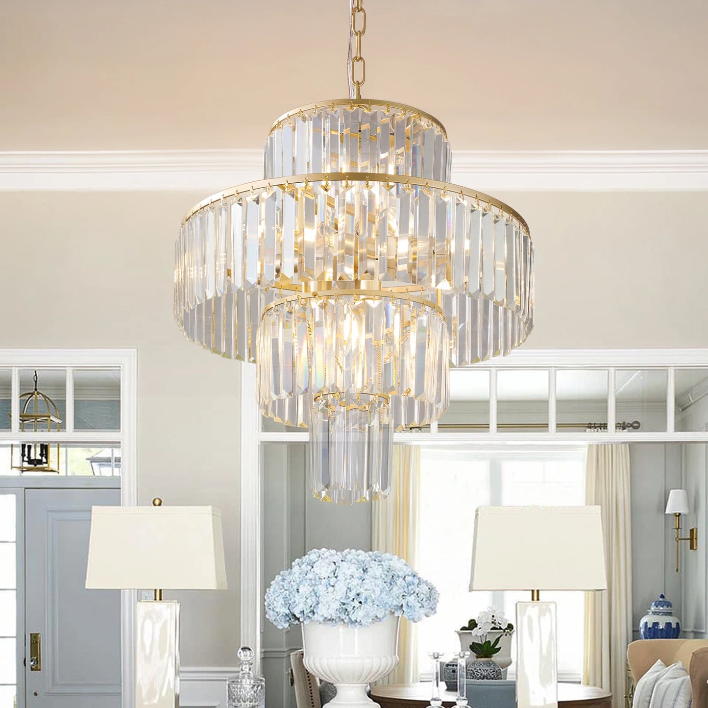 20" Luxury 4-Tier Crystal Chandelier, 12-Light Gold Frame Pendant Light, Elegant Ceiling Lighting for Living Room, Dining Room