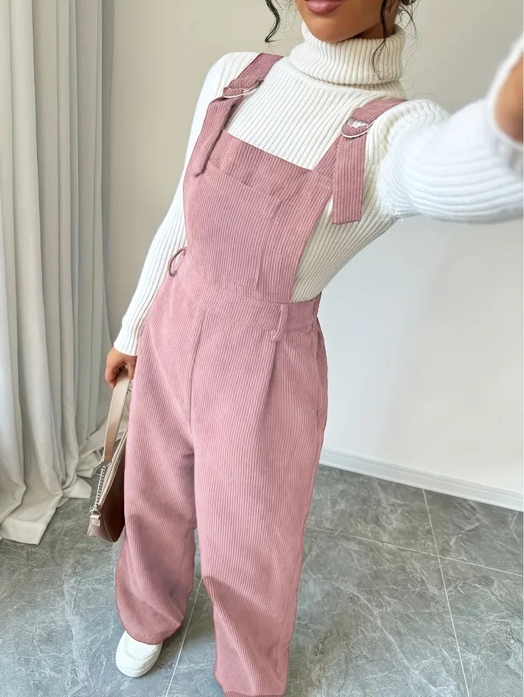 Women Casual Jumpsuit Corduroy Wide Shoulder Straps Button Detail Solid Color Relaxed Fit Autumn Winter Hand Wash Only
