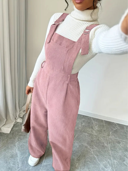 Women Casual Jumpsuit Corduroy Wide Shoulder Straps Button Detail Solid Color Relaxed Fit Autumn Winter Hand Wash Only
