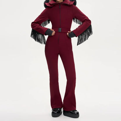 Thicken One-piece Ski Suit Women Faux Fur Hooded Tassels Coat High Waist Belt Jumpsuit 2025 Winter Windproof Waterproof Skiwears