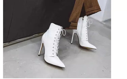 12CM Stiletto Heels Botas Mujer Fashion Pointed Lace-up Ankle Boots Roman Ladies Shoes Autumn Winter Women Emboss Short Booties