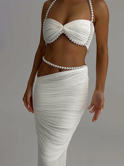 Weird Puss Sexy Bead Patchwork 2-Piece Set Women Ruched Halter Bra+Waistless Bottom Matching Elegant Beach Vacation Slim Outfits