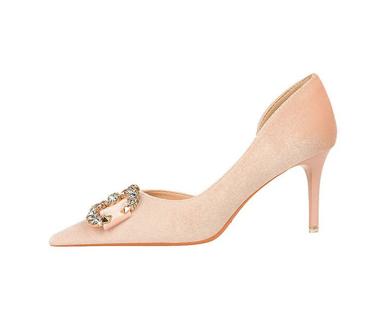 BIGTREE Party Pumps 7cm Thin High Heels Western Style Velvet Shallow Pointed Toe Side Hollow Crystal Pearl Bow Lady Shoes Pink