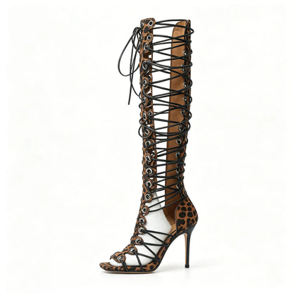 Lace-up Over The Knee Gladiator Sandals Women Fashion White Strappy Square Toe High Heels Sandals Sexy Bold Party Street Style