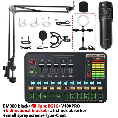 V10XPro Sound Card Studio Mixer Singing Noise Reduction Microphone Voice BM800 Live Broadcast Phone Computer Record V10X Pro set