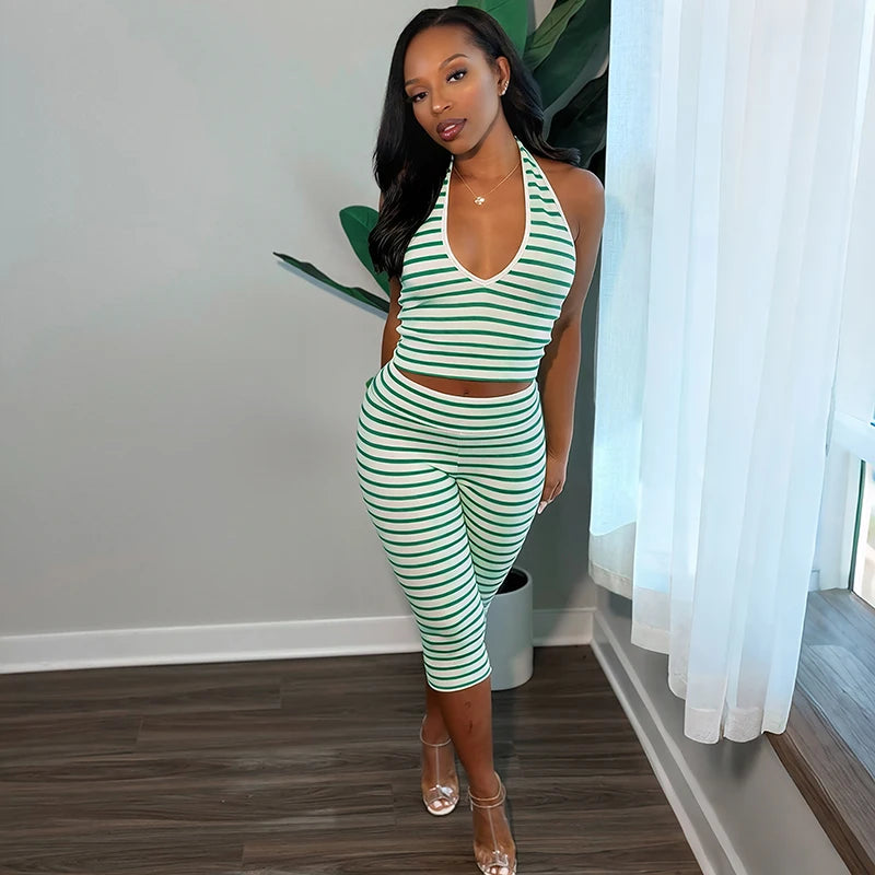 Striped Print Neck Hanging Vest Top, High Waist Tight Fitting Cropped Pants Two-Piece Set