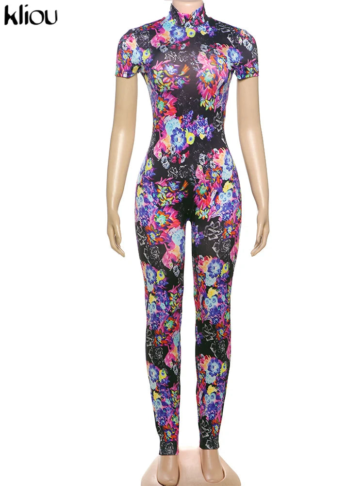 kliou Sexy Printed Women Jumpsuits Fashion New Back Hollow Full Sleeve Stand Collar Slim Overalls Female Midnight Party Clubwear
