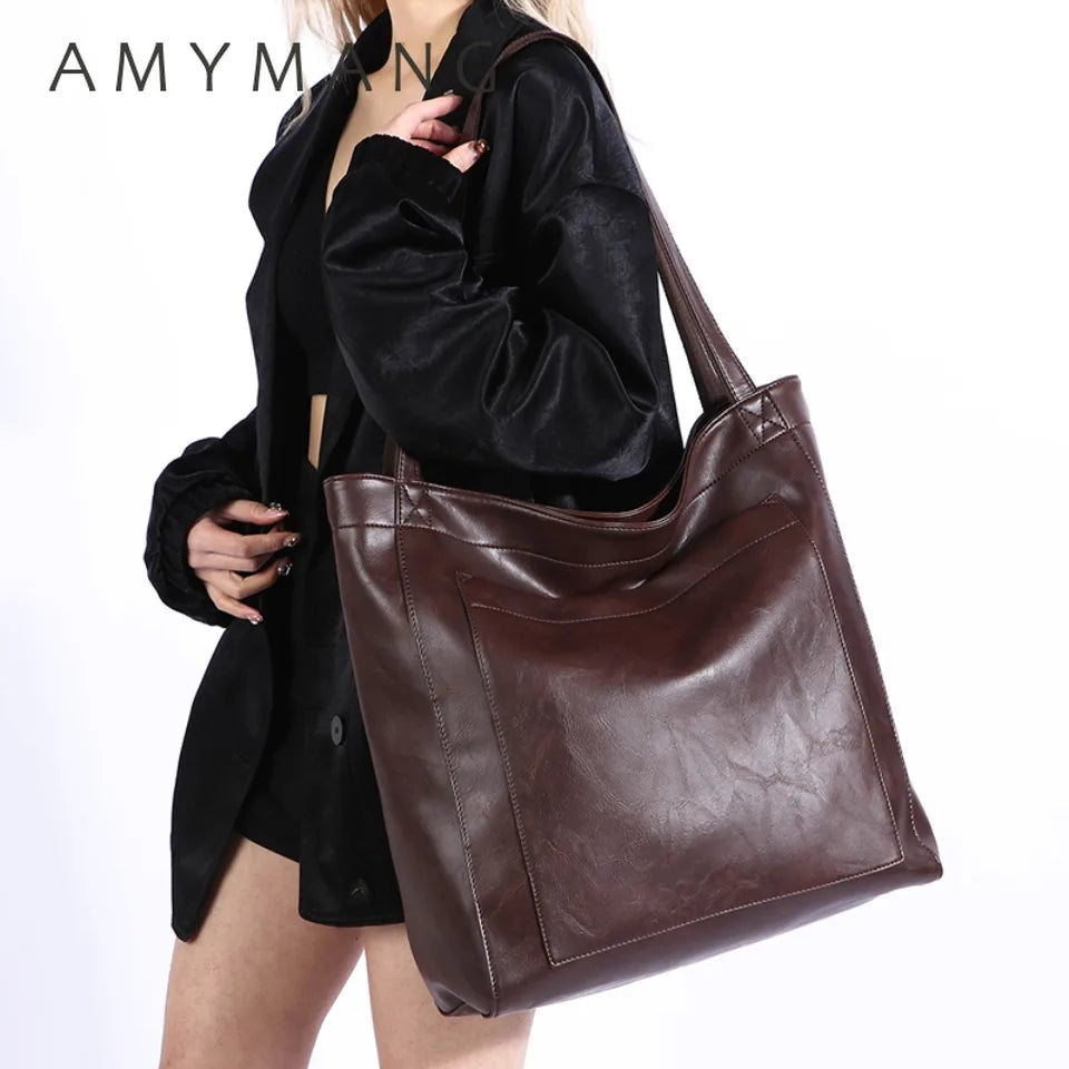 High Quality Oil Skin Leather Bucket Hand Bags for Women Female Shoulder Top-Handle Bag Luxury Handbas Women Large Commute Bags