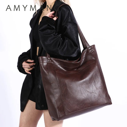 High Quality Oil Skin Leather Bucket Hand Bags for Women Female Shoulder Top-Handle Bag Luxury Handbas Women Large Commute Bags