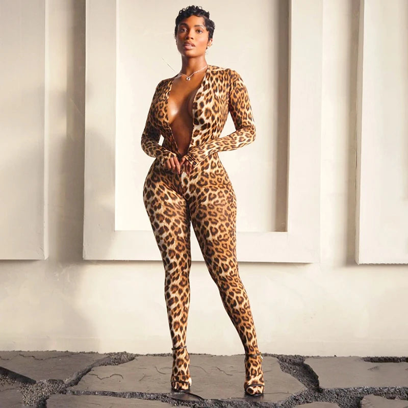 Leopard Print Jumpsuits Woman Deep V-Neck Cleavage Backless Full Sleeve Skinny Peach Hip Hot Girls Street Sexy Overalls