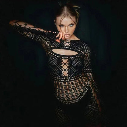 Sex Dress Jumpsuit with hollowed out tight lace and sexy hip hugging skirt casual women's long dresses daring lingerie woman xxx