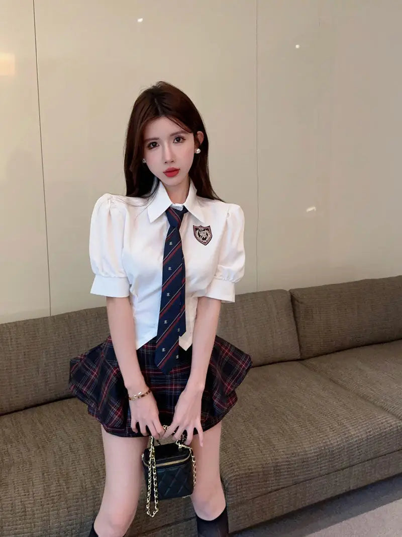 2025 improved cute sexy korea jk suit women autumn jk school uniform women shirt plaid pleated half skirt fashion two-piece set