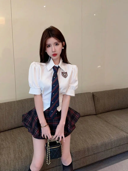 2025 improved cute sexy korea jk suit women autumn jk school uniform women shirt plaid pleated half skirt fashion two-piece set