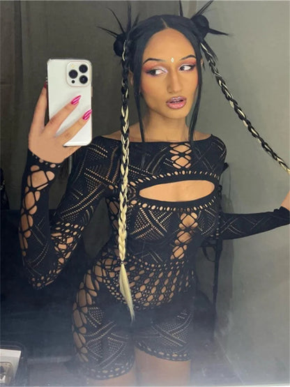 Streetwear Women 2023 One-pieces Outfits Rompers Jumpsuits Summer Long Sleeve Hollow Out Bodycon Mesh Black Romper Playsuits