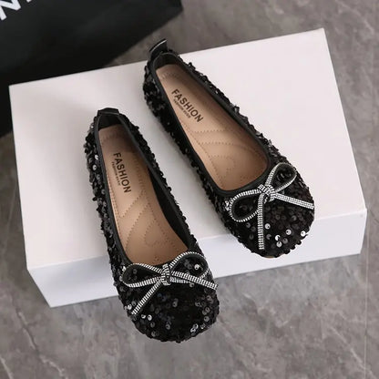 2026 Women Bling Flats Shoes Casual Walking Shoes Spring New Round Toe Bowtie Female Fashion Brand Dress Zapatillas Mujer