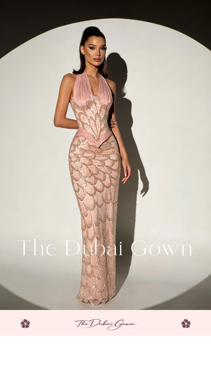Elegant Pink Halter Neck Strapless Sleeveless Floor Length Mermaid Formal Gown Featuring Sequin and Bead Embellishments