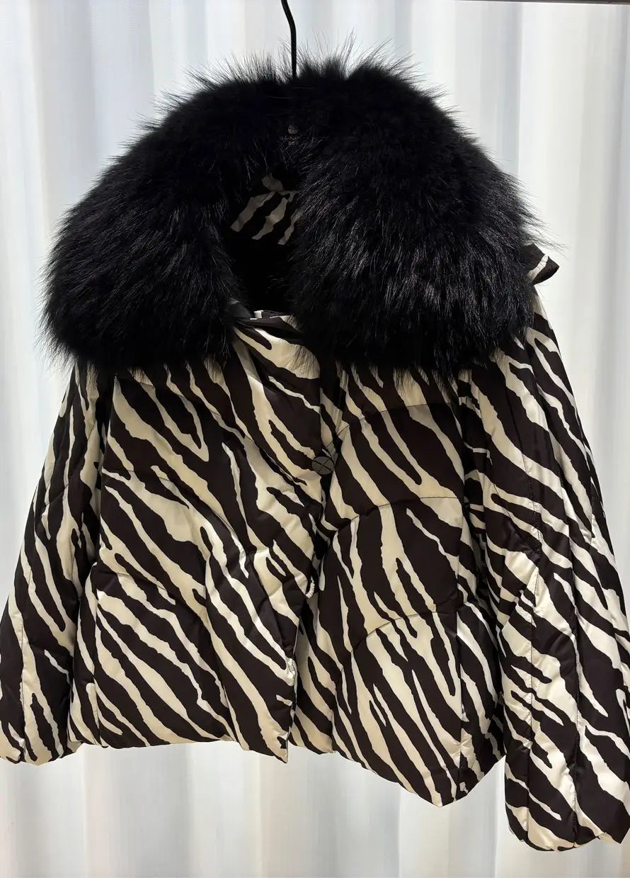 Women's Leopard Print down Jacket European Winter Natural Raccoon Fur Collar Short Warm Duck down Coat