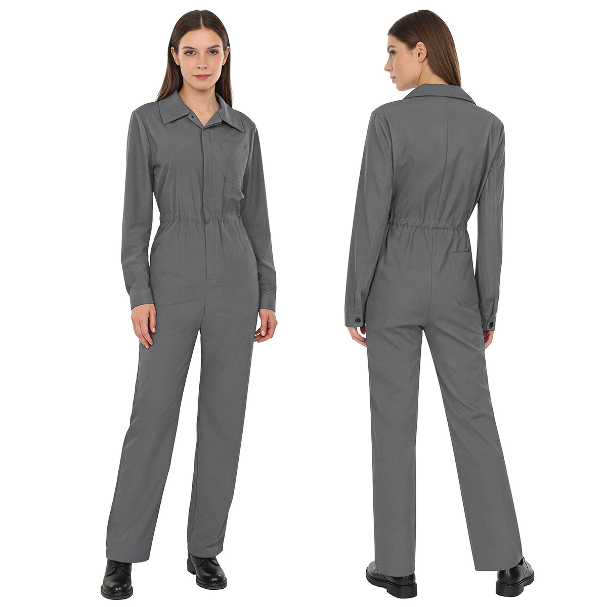 Womens Fashion Work Coverall Rompers Casual Solid Color Turn-Down Collar Long Sleeve Button Jumpsuit Travel Holiday Cargo Pants
