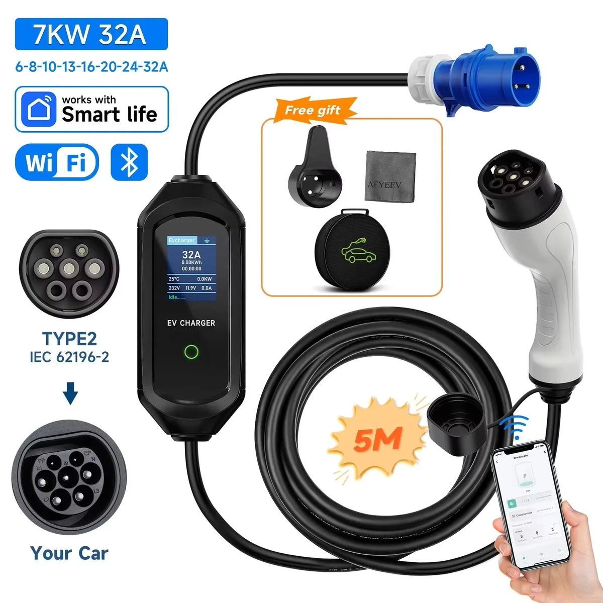 Type2 IEC62196-2 Portable EV Charger 7KW 32A Type1 J1772 EVSE Fast Charging Cable GBT 20234 CEE Plug WiFi APP Bluetooth Control