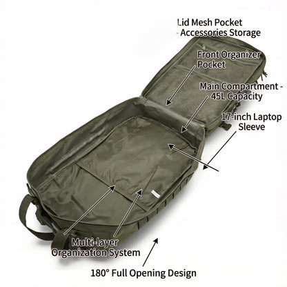 45L Tactical Fishing Backpack Molle Water Resistant Outdoor Tackle Bag Large Capacity Storage Camping Hiking Travel Rucksack Trekking Men Women Anglers Fishermen Rod Reel Gear Durable Multi Pocket Wear Resistant Lake River Se