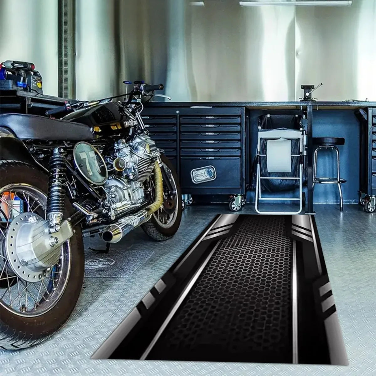 VIKAMA Motorcycle Garage Floor Mat Cyber Style Workshop Non-Slip Wear-Resistant Display Mat Hallway Decorative Carpet