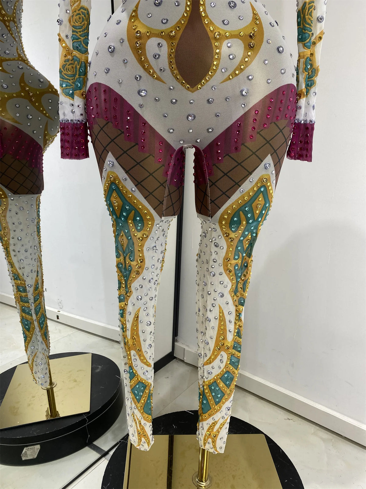 Performance Costumes Kpop Outfits Shiny Rhinestones Printed Bodycon Jumpsuits Woman Evening Club Party See Through Dress Outfits