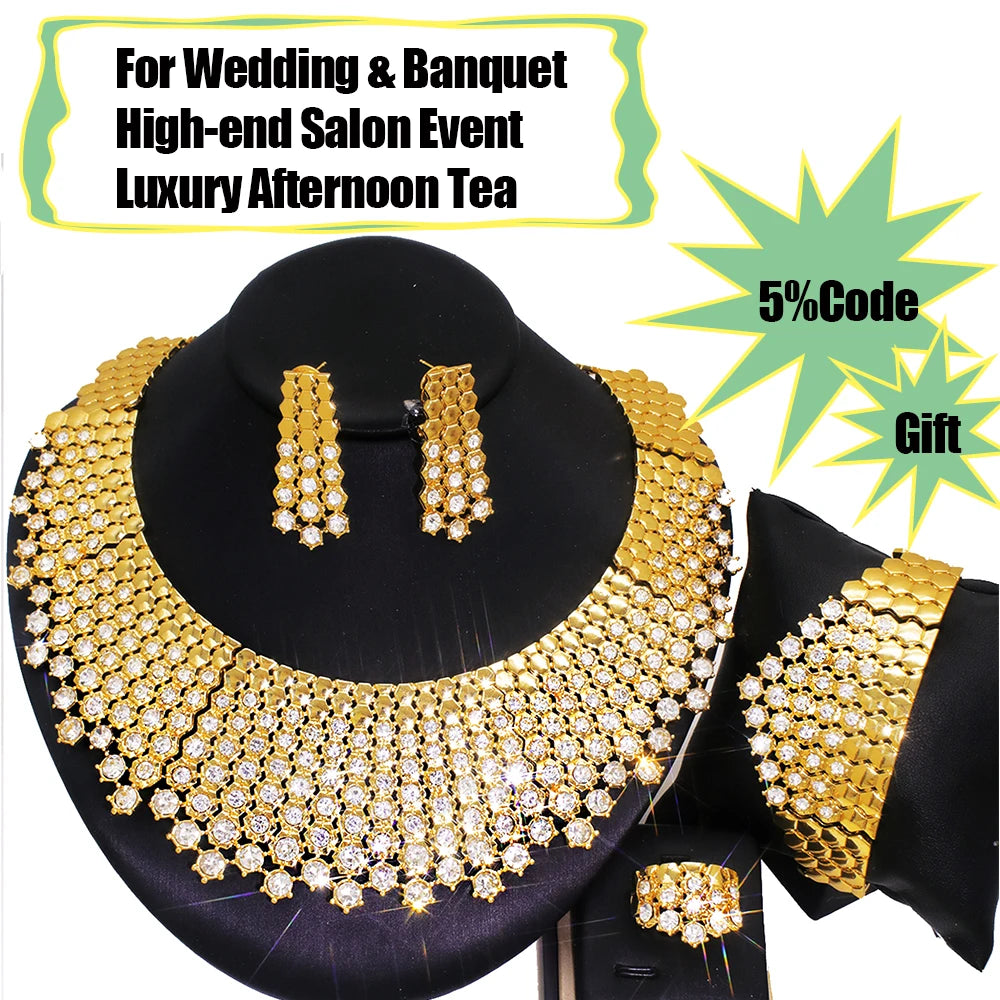 GZJPEI Shiny White Zircon Jewelry Set For Women Italy Nigeria Wedding Jewellery 18K Gold Plated Mother's Day Gift On Sale ﻿