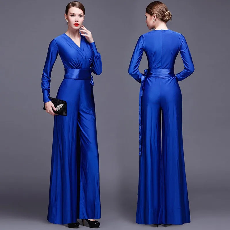 Fashion Women Long Sleeve Sexy V Neck Wide Leg Rompers Belted High Waist Jumpsuits Long Office Ladies Outfits Jumpsuit Colors