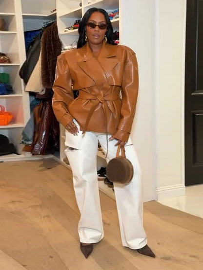 Women PU Leather Jackets Coats Solid Lapel Collar Lace Up Full Sleeve Loose Outwear Female Elegant Chic Daily Streetwear Coats