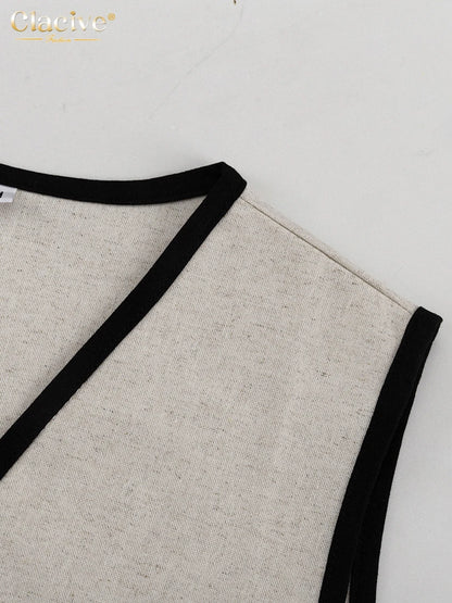 Clacive Summer Slim Khaki Cotton 2 Piece Set Woman Outfit 2025 Fashion Sleeveless Crop Top With High Waist Shorts Set Streetwear